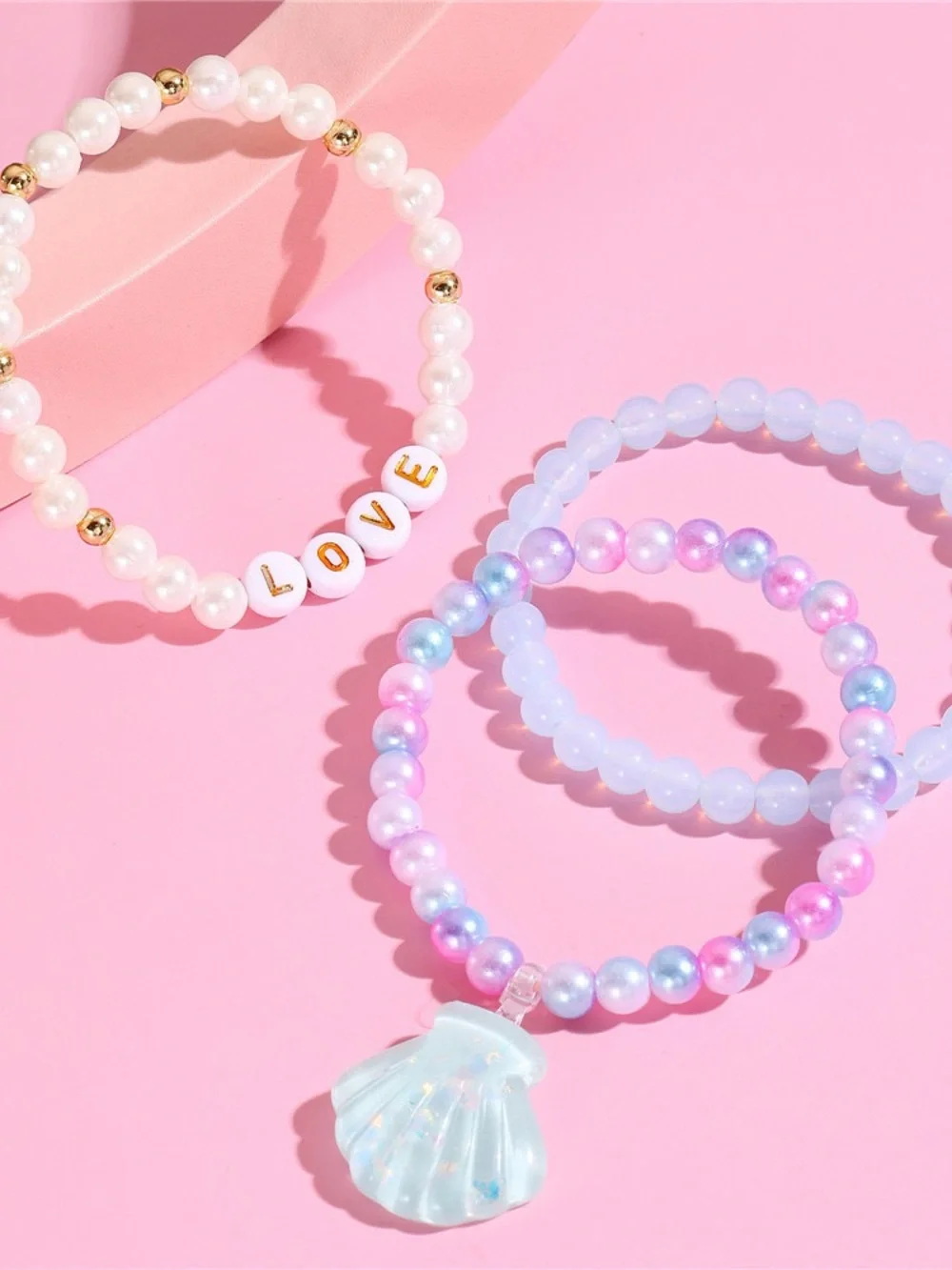 Kids 3-Pack Pastel Pearl & Shell Bead Bracelets - LOVE Charm